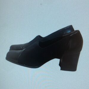 Black Square Toe‎ Leather Block Heels Stretch